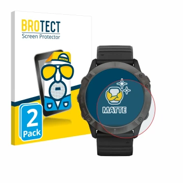 Front side of a product packaging with the brand logo BROTECT. Next to it is the device Garmin Fenix 6X Pro Solar shown with t