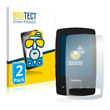 Front side of a product packaging with the brand logo BROTECT. Next to it is the device TwoNav Aventura 2 shown with the corre