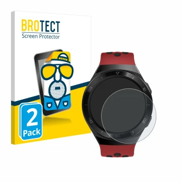 Front side of a product packaging with the brand logo BROTECT. Next to it is the device Huawei Watch GT 2e shown with the corr
