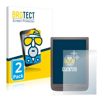 Front side of a product packaging with the brand logo BROTECT. Next to it is the device PocketBook InkPad 3 Pro shown with the