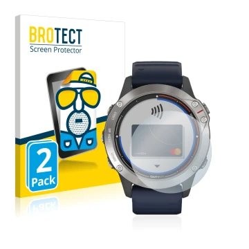 Front side of a product packaging with the brand logo BROTECT. Next to it is the device Garmin quatix 6 shown with the corresp