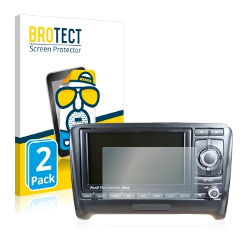 Front side of a product packaging with the brand logo BROTECT. Next to it is the device Audi A3 8P 2004-2012 RNS-E shown with 
