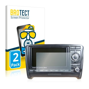Front side of a product packaging with the brand logo BROTECT. Next to it is the device Audi A4 8E 2004-2009 RNS-E shown with 
