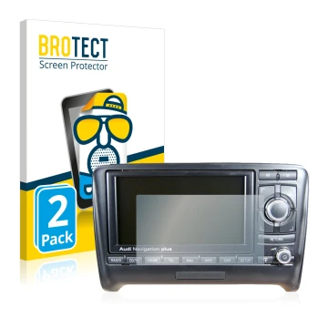Front side of a product packaging with the brand logo BROTECT. Next to it is the device Audi TT 8J 2006-2014 RNS-E shown with 