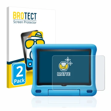 Front side of a product packaging with the brand logo BROTECT. Next to it is the device Amazon Fire HD 8 Kids Edition 2020 (10