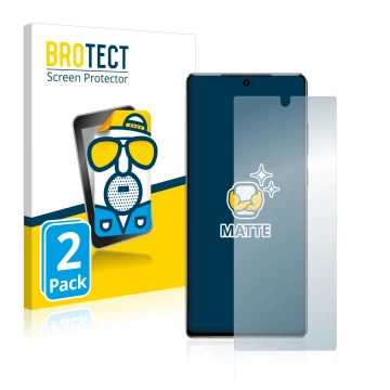 Front side of a product packaging with the brand logo BROTECT. Next to it is the device Samsung Galaxy Note 20 shown with the 