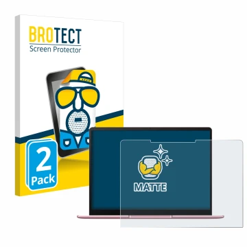 Front side of a product packaging with the brand logo BROTECT. Next to it is the device Huawei MateBook 13 2020 shown with the