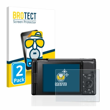 Front side of a product packaging with the brand logo BROTECT. Next to it is the device Sony ZV-1 shown with the corresponding