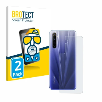 Front side of a product packaging with the brand logo BROTECT. Next to it is the device realme 6 (Back) shown with the corresp