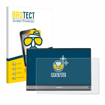 Front side of a product packaging with the brand logo BROTECT. Next to it is the device ASUS ZenScreen MB16AC shown with the c