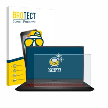 Front side of a product packaging with the brand logo BROTECT. Next to it is the device MSI GF75 10SDR-234 shown with the corr