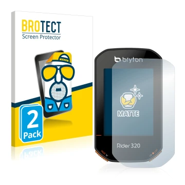 Front side of a product packaging with the brand logo BROTECT. Next to it is the device Bryton Rider 320 shown with the corres