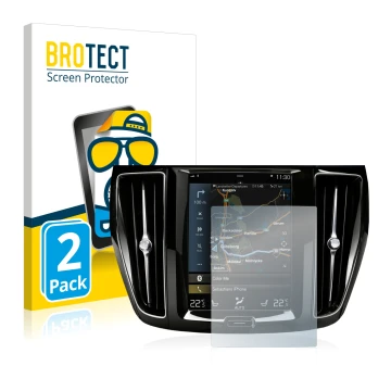 Front side of a product packaging with the brand logo BROTECT. Next to it is the device Volvo S60 Sensus Connect 2020 shown wi