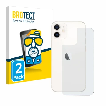 Front side of a product packaging with the brand logo BROTECT. Next to it is the device Apple iPhone 12 mini (Back) shown with