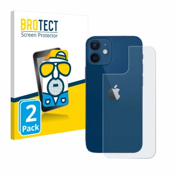 Front side of a product packaging with the brand logo BROTECT. Next to it is the device Apple iPhone 12 (Back) shown with the 