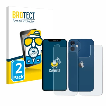 Front side of a product packaging with the brand logo BROTECT. Next to it is the device Apple iPhone 12 (Front+Back) shown wit