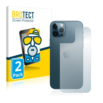 Front side of a product packaging with the brand logo BROTECT. Next to it is the device Apple iPhone 12 Pro (Back) shown with 