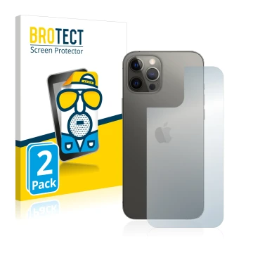 Front side of a product packaging with the brand logo BROTECT. Next to it is the device Apple iPhone 12 Pro Max (Back) shown w