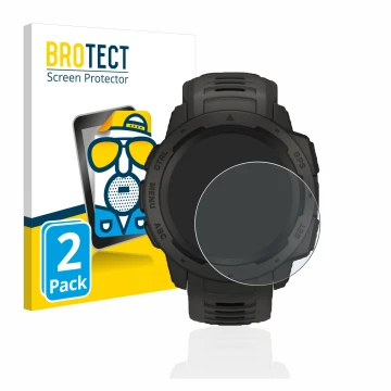 Front side of a product packaging with the brand logo BROTECT. Next to it is the device Garmin Instinct Solar shown with the c