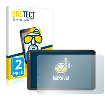 Front side of a product packaging with the brand logo BROTECT. Next to it is the device Garmin Camper 890 shown with the corre