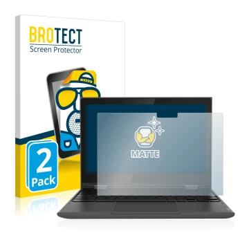 Front side of a product packaging with the brand logo BROTECT. Next to it is the device Lenovo 300e (2nd Gen.) shown with the 