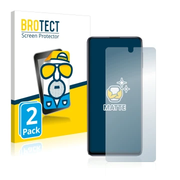 Front side of a product packaging with the brand logo BROTECT. Next to it is the device Samsung Galaxy M31s shown with the cor