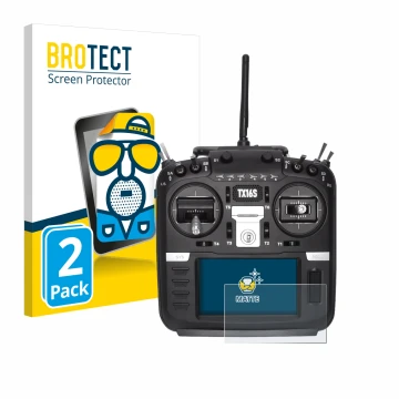 Front side of a product packaging with the brand logo BROTECT. Next to it is the device Radiomaster TX16S shown with the corre