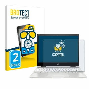 Front side of a product packaging with the brand logo BROTECT. Next to it is the device HP Chromebook x360 12b-ca0005nf shown 