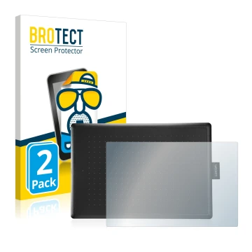 Front side of a product packaging with the brand logo BROTECT. Next to it is the device Wacom One Medium shown with the corres