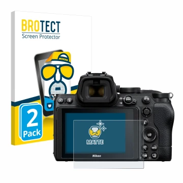 Front side of a product packaging with the brand logo BROTECT. Next to it is the device Nikon Z 5 shown with the corresponding