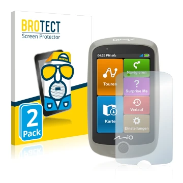 Front side of a product packaging with the brand logo BROTECT. Next to it is the device Mitac Mio Cyclo Discover shown with th