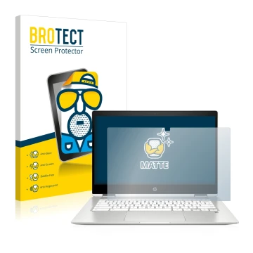 Front side of a product packaging with the brand logo BROTECT. Next to it is the device HP Chromebook x360 (14b-caX) shown wit