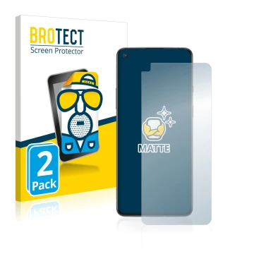 Front side of a product packaging with the brand logo BROTECT. Next to it is the device OnePlus 8T shown with the correspondin