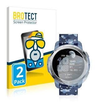 Front side of a product packaging with the brand logo BROTECT. Next to it is the device Honor Watch GS Pro shown with the corr