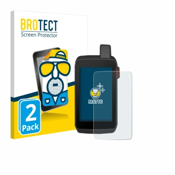 Front side of a product packaging with the brand logo BROTECT. Next to it is the device Garmin Montana 700 shown with the corr