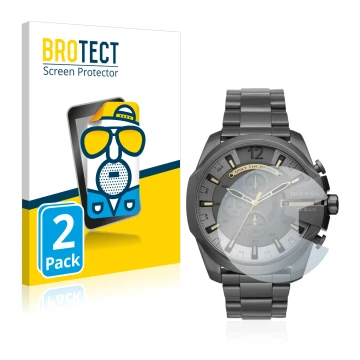 Front side of a product packaging with the brand logo BROTECT. Next to it is the device Diesel Chronograph DZ4466 shown with t