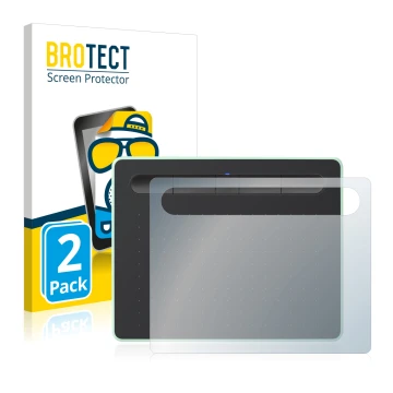 Front side of a product packaging with the brand logo BROTECT. Next to it is the device Wacom Intuos S Bluetooth shown with th