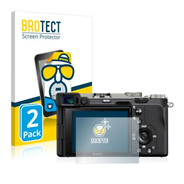 Front side of a product packaging with the brand logo BROTECT. Next to it is the device Sony Alpha 7C shown with the correspon