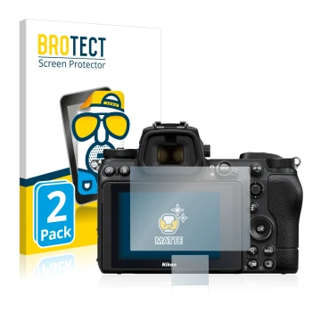 Front side of a product packaging with the brand logo BROTECT. Next to it is the device Nikon Z 7 II shown with the correspond
