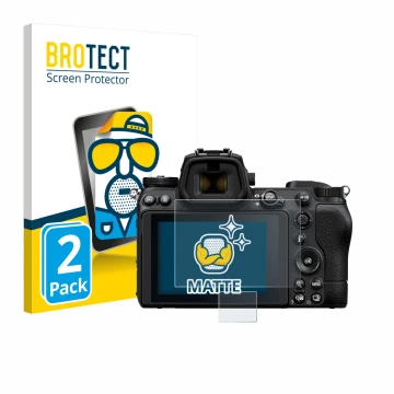 Front side of a product packaging with the brand logo BROTECT. Next to it is the device Nikon Z 6 II shown with the correspond