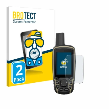 Front side of a product packaging with the brand logo BROTECT. Next to it is the device Garmin GPSMAP 65 shown with the corres