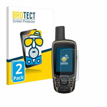 Front side of a product packaging with the brand logo BROTECT. Next to it is the device Garmin GPSMAP 65s shown with the corre