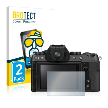 Front side of a product packaging with the brand logo BROTECT. Next to it is the device Fujifilm X-S10 shown with the correspo