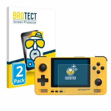 Front side of a product packaging with the brand logo BROTECT. Next to it is the device Retroid Pocket 2 shown with the corres