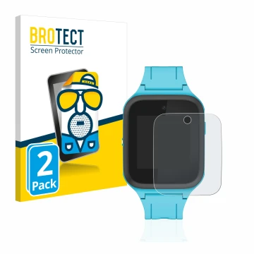 Front side of a product packaging with the brand logo BROTECT. Next to it is the device TCL Movetime FamilyWatch Kids MT40X sh