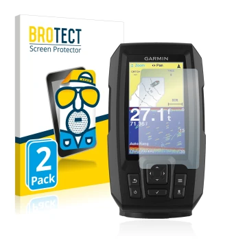 Front side of a product packaging with the brand logo BROTECT. Next to it is the device Garmin Striker Vivid 4cv shown with th