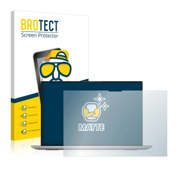 Front side of a product packaging with the brand logo BROTECT. Next to it is the device Dell XPS 17 9700 touch shown with the 