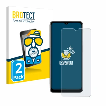 Front side of a product packaging with the brand logo BROTECT. Next to it is the device Samsung Galaxy M12 shown with the corr