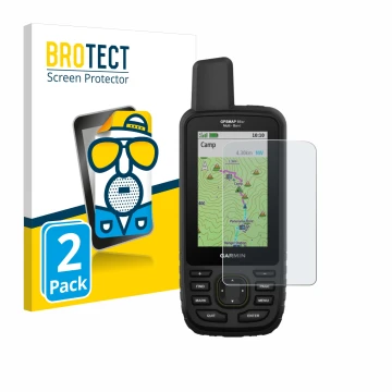 Front side of a product packaging with the brand logo BROTECT. Next to it is the device Garmin GPSMAP 66sr shown with the corr