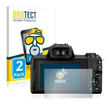 Front side of a product packaging with the brand logo BROTECT. Next to it is the device Canon EOS M50 Mark II shown with the c